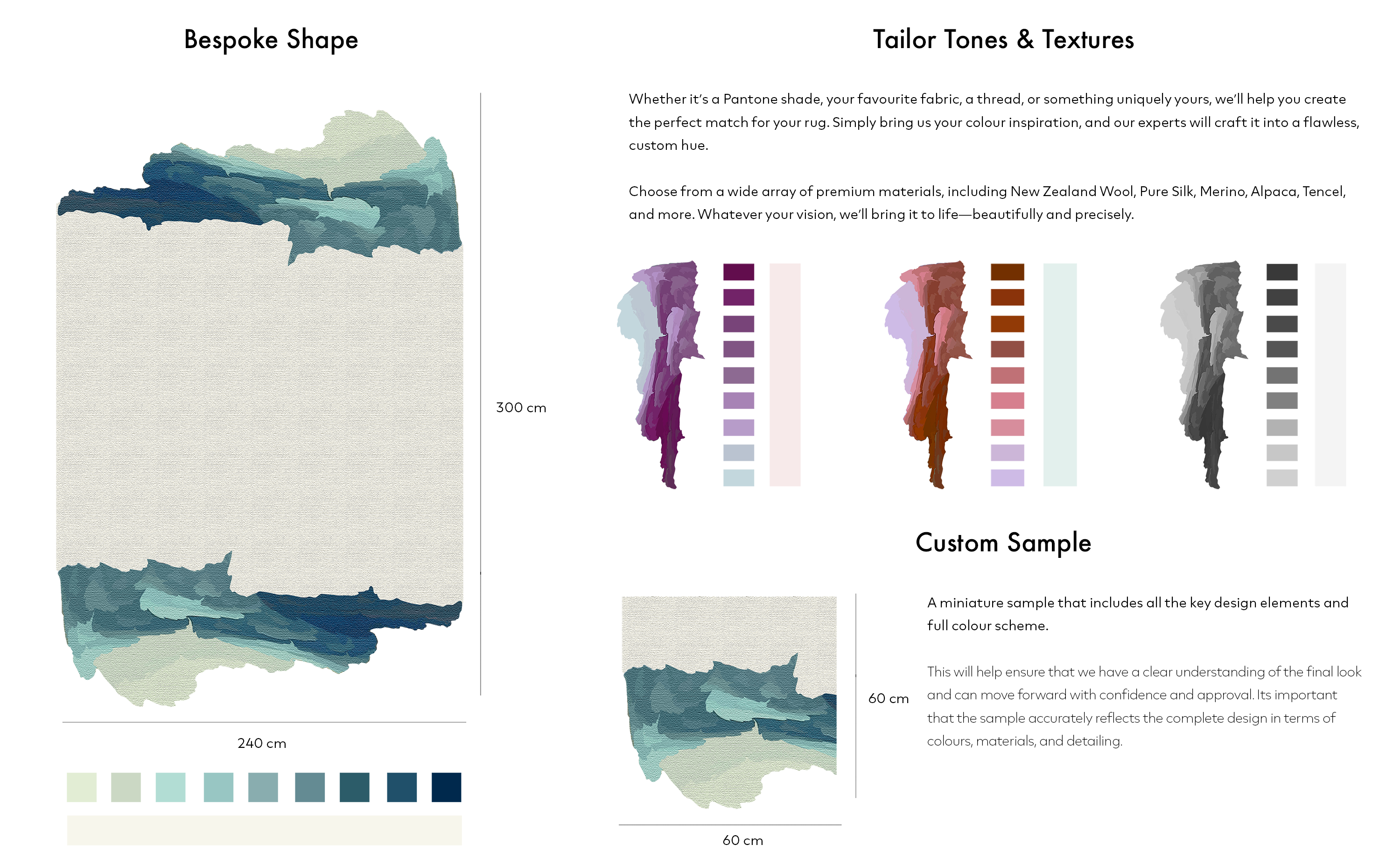 Design customization options with color swatches and fabric samples on a white background