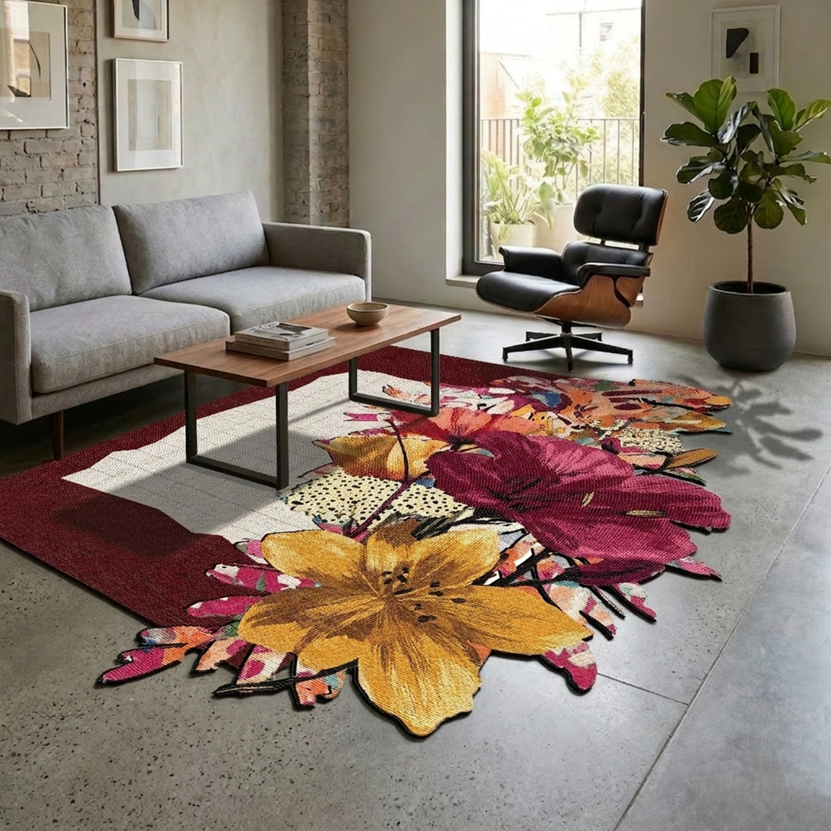 Living room with a colorful floral rug, gray sofa, and modern chair.