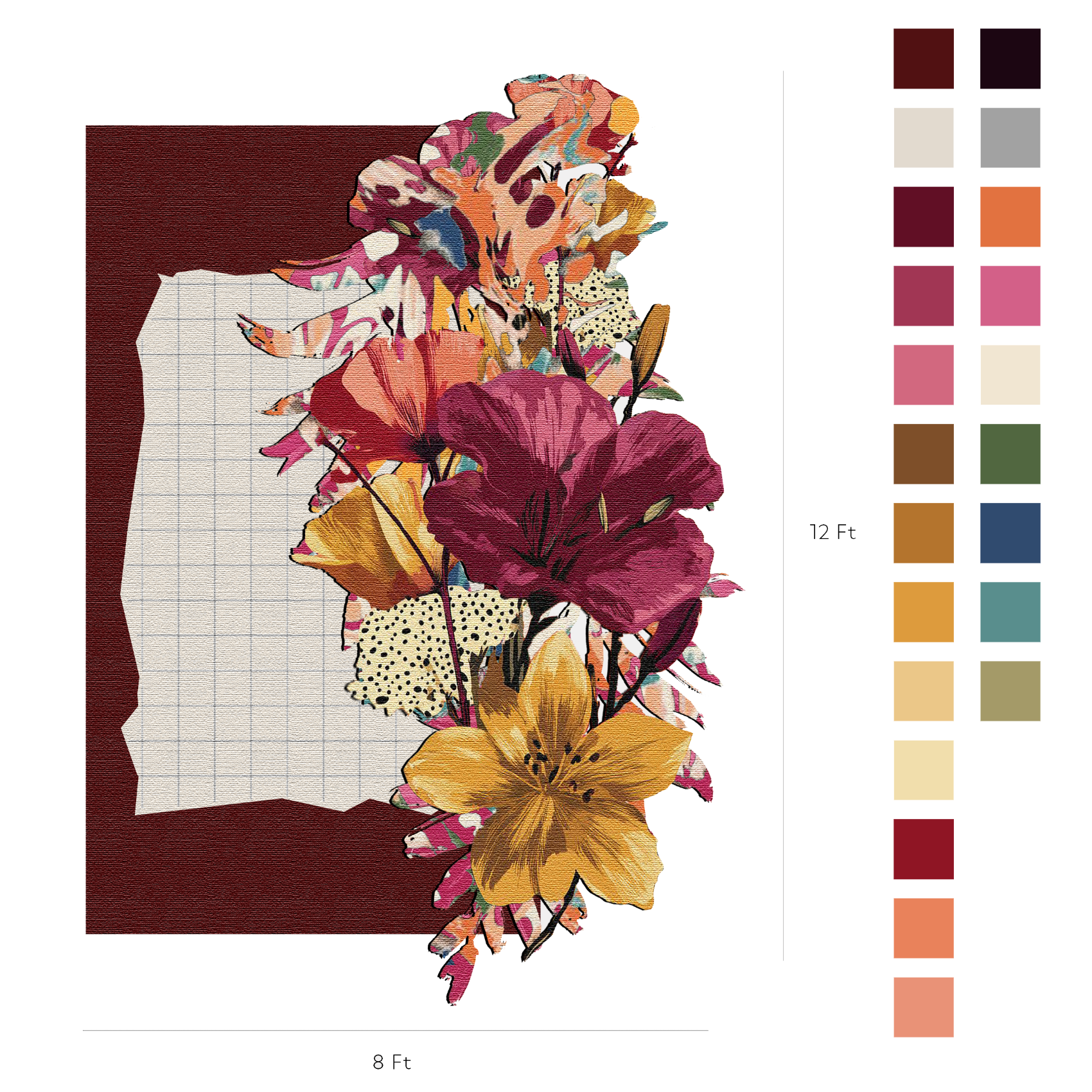Floral design for a rug with color swatches on the right